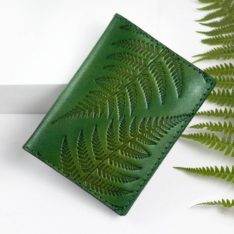 Green Leather Card Holder/ Card Wallet for Women for Men, Fern Leaves Ornament - Card Holders & Cases - Genuine Leather Green