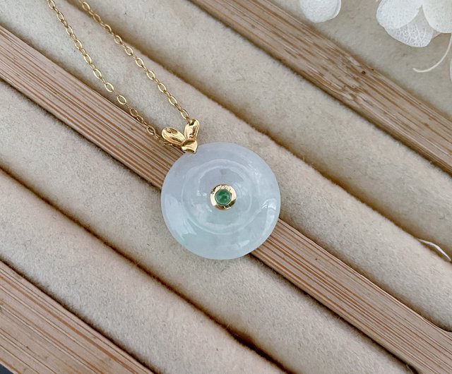天然石　翡翠ネックレス　平安扣 18k 18K純金天然緬甸A貨翡翠白冰平安扣墜子項鍊Pine St. Jewelry
