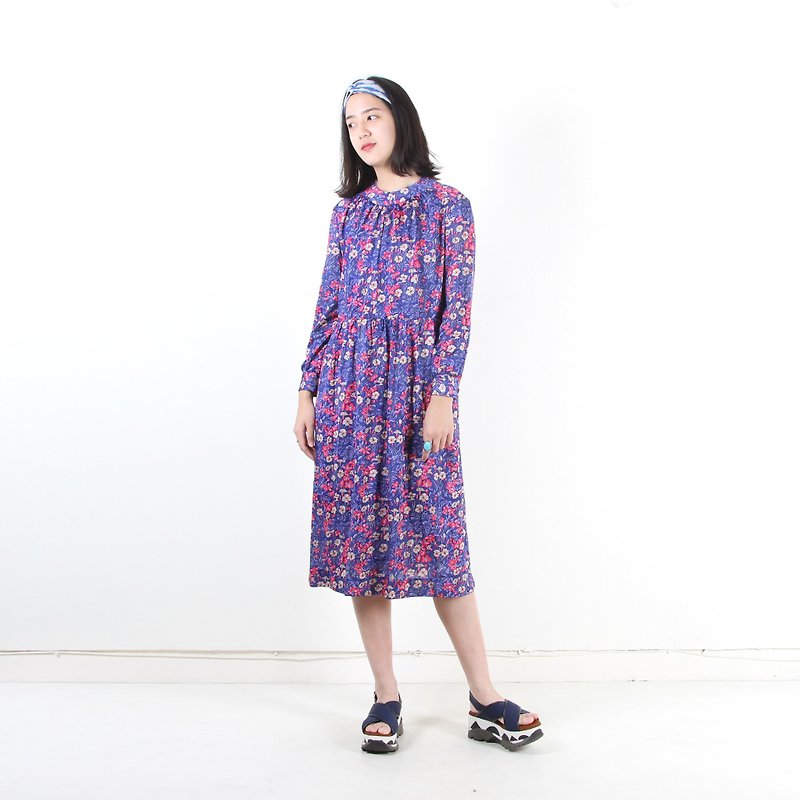 [Egg Plant Vintage] Hydrangea Festival Print vintage dress - One Piece Dresses - Polyester Purple