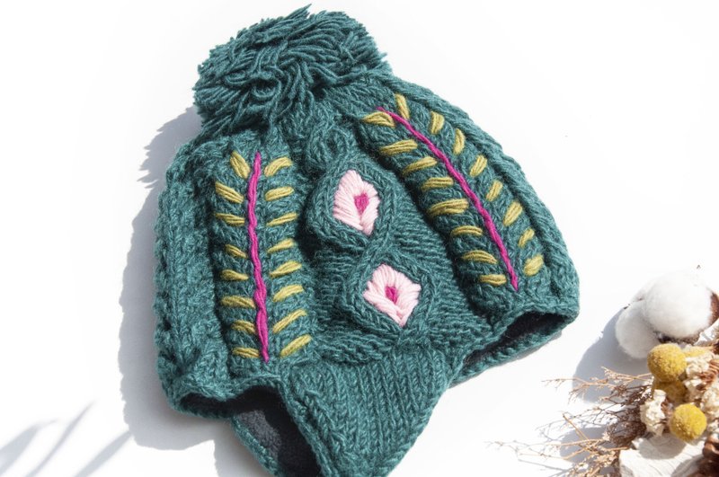 針織純羊毛帽/手工內刷毛毛帽/刺繡毛帽/飛行毛帽/毛線帽-花朵繡 - 帽子 - 羊毛 多色