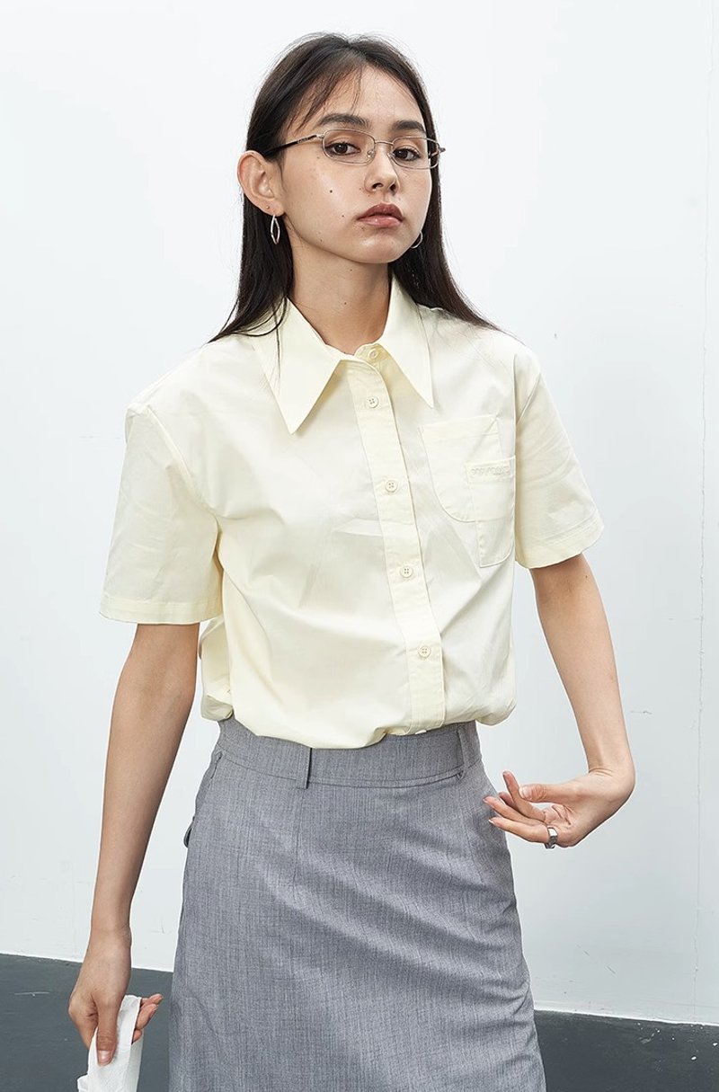 EXTERNALIZE 雙層疊袋襯衫短袖 - 女襯衫 - 棉．麻 黃色
