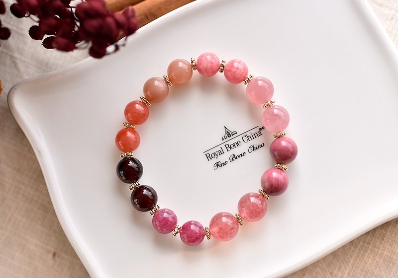 Stone+ Strawberry Quartz + Rhodochrosite + Tourmaline + Southern Red Agate + Rose Quartz Warm Color Crystal Bracelet - สร้อยข้อมือ - คริสตัล สึชมพู