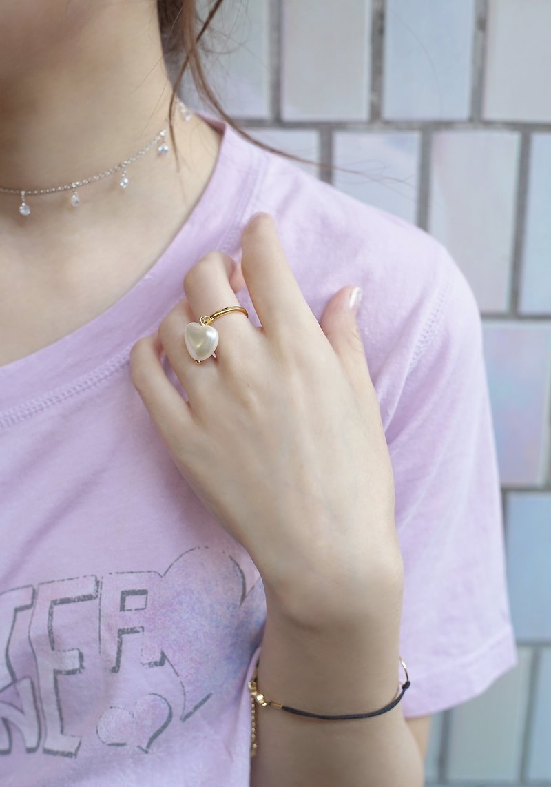*hippie* 日系愛心珍珠金色可調式戒指 (限量) - 戒指 - 其他金屬 白色