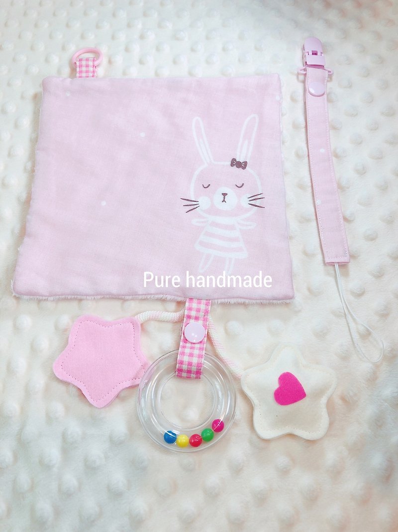 手工製豆豆安撫巾寶寶玩具手搖鈴附奶嘴鍊二件組 可客製-小兔粉紅 - 嬰幼兒玩具/毛公仔 - 棉．麻 粉紅色
