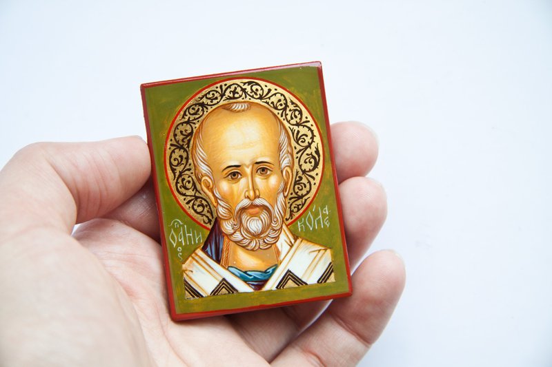 hand painted orthodox wood icon holy Saint Nicholas pocket size miniature - 其他 - 木頭 綠色