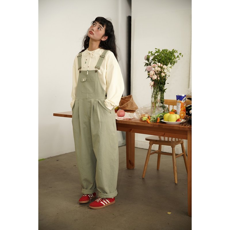 odd maker畫家背帶褲日系古著感寬松設計感春夏長褲外穿休閒褲子 - 吊帶褲/連身褲 - 棉．麻 