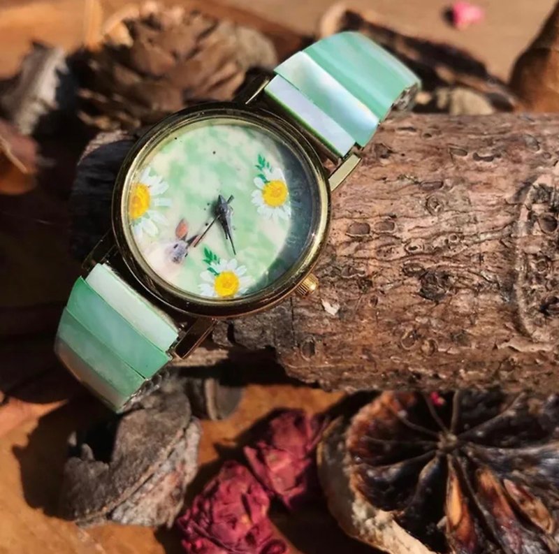เครื่องเพชรพลอย นาฬิกาผู้หญิง สีเขียว - 【Lost and find】Natural stone forest small animal prairie rabbit watch
