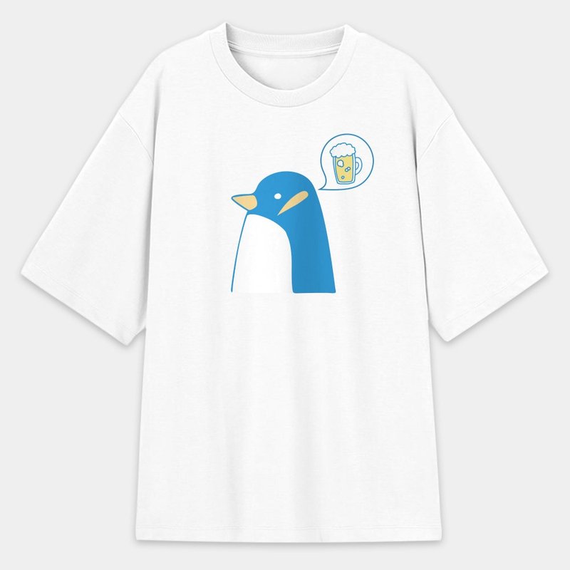 Penguin Beer Unisex Korean Style Drop Shoulder T-Pure Cotton T Round Neck Top PU001 - เสื้อผู้หญิง - ผ้าฝ้าย/ผ้าลินิน ขาว