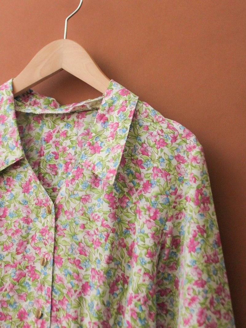 復古秋冬日本製甜美可愛粉色碎花粉綠色長袖古著洋裝 - 洋裝/連身裙 - 聚酯纖維 粉紅色