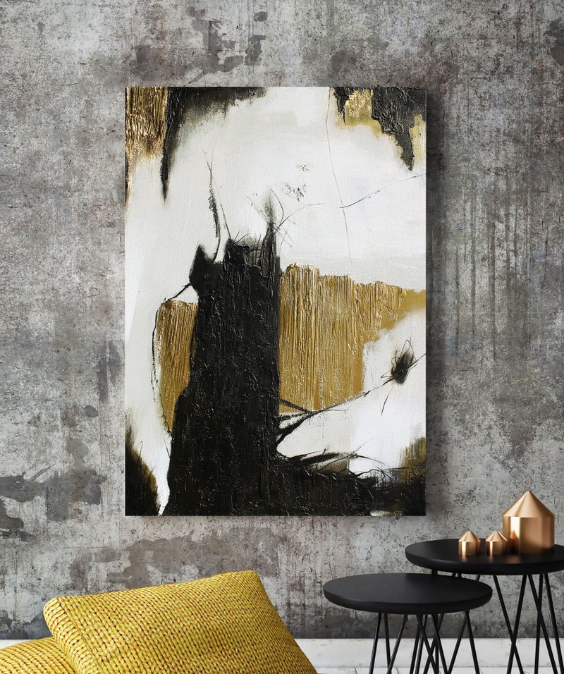 Gold Black Painting | Gold Black Abstract | Gold Black Wall Art | Aspiration 2 - 壁貼/牆壁裝飾 - 棉．麻 金色