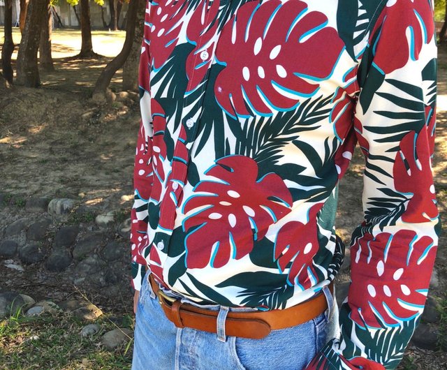 紳士服】マイクロカスタムフラワーシャツ-ホワイトとブルー