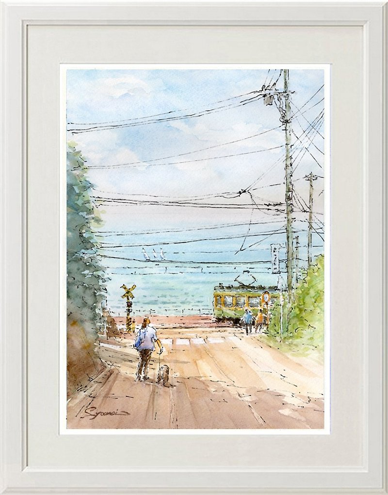 Original watercolor painting from Enoden, Kamatakamae railroad crossing, and Hisaka - Posters - Paper Blue