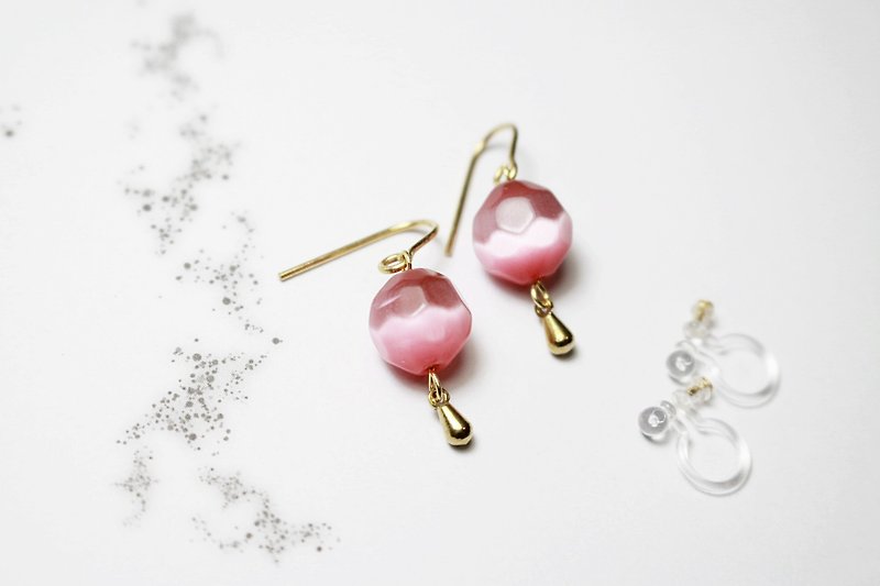 // VÉNUS 觅 decorated cat's eye 耳 when earrings brass cat's eye pierced ear clip pink / / ve099 - Earrings & Clip-ons - Stone Pink
