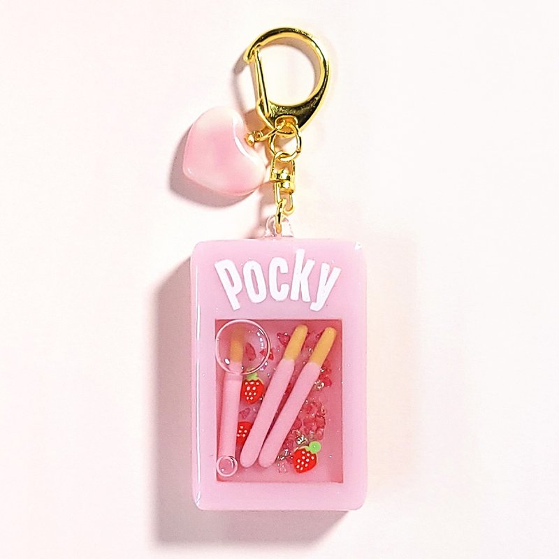 Personalized Strawberry Pocky Quicksand + Love Chocolate Keychain with English Name - ที่ห้อยกุญแจ - เรซิน สึชมพู