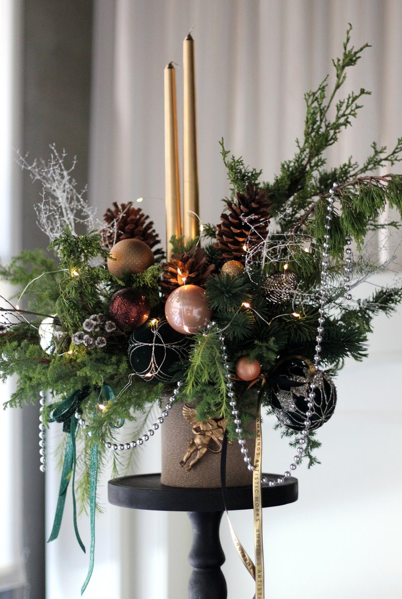 金色詩歌【新鮮諾貝松】餐桌燭台設計 - 植物/盆栽/盆景 - 植物．花 多色