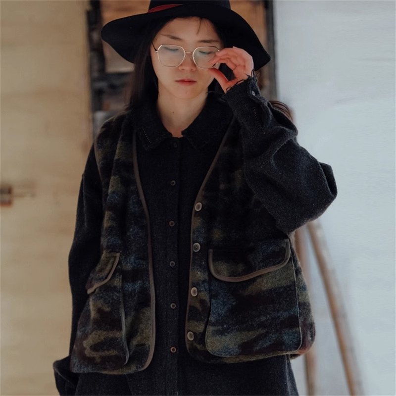 カモフラージュ柄 ヒッピー カモフラウール レトロ保温ベスト - ジャケット - ウール グリーン