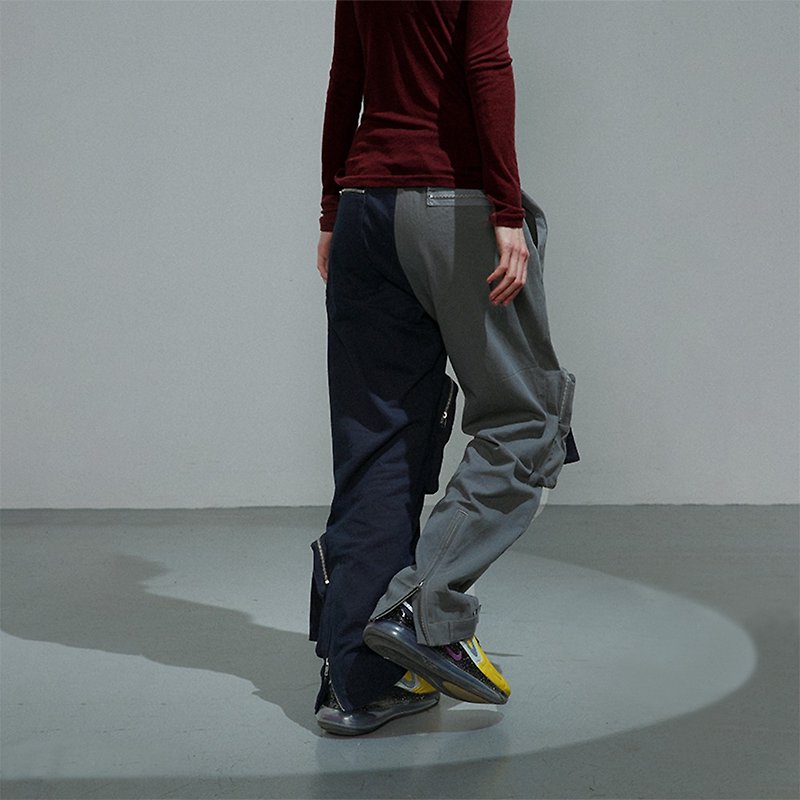 Unvesno loose straight-leg overalls Japanese stitching contrast color multi-pocket trousers lovers TR-3098 - กางเกงขายาว - ผ้าฝ้าย/ผ้าลินิน 