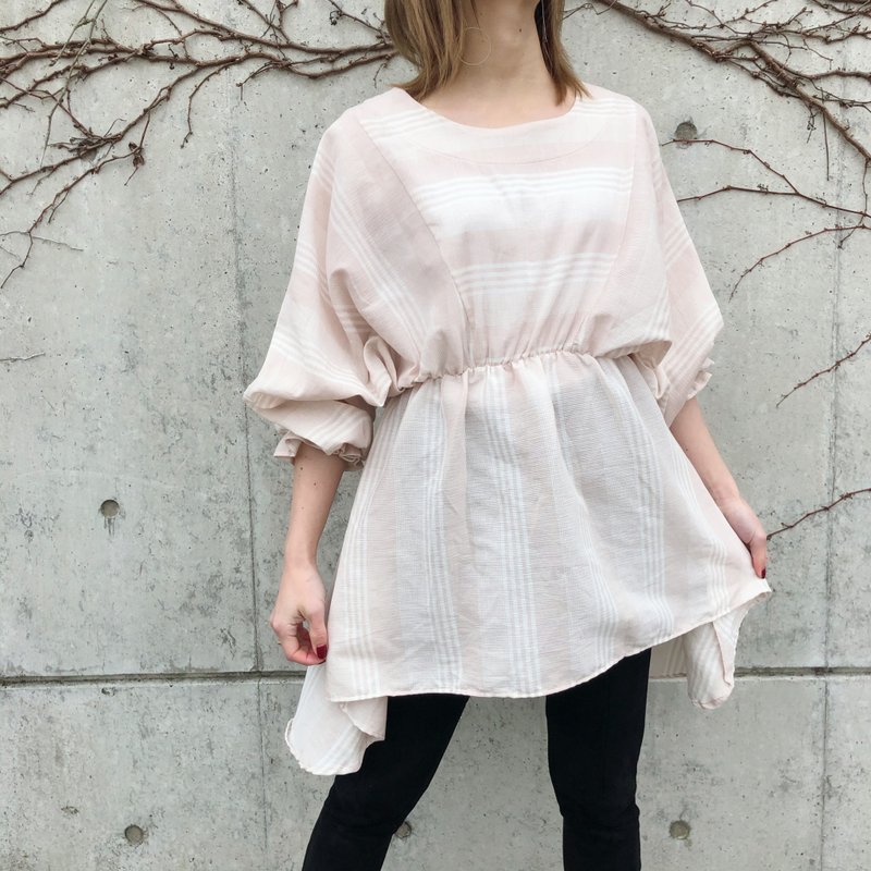 White x pink striped tunic blouse - เสื้อผู้หญิง - ผ้าฝ้าย/ผ้าลินิน สึชมพู