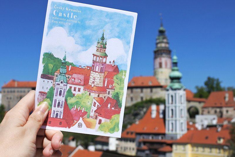 Rami Europe Travel Watercolor Hand-painted Postcard-Painted Tower in Krumlov, Czech Republic