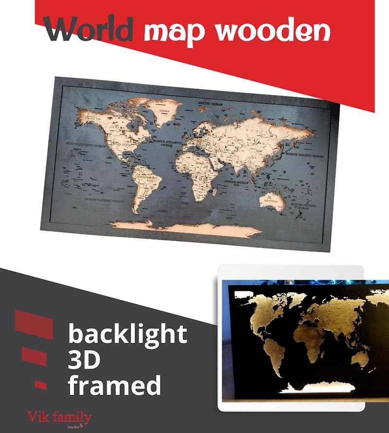 Wooden World Map 3D LED picture with backlight. Wall wood home decor, travel map - Wall Décor - Wood 