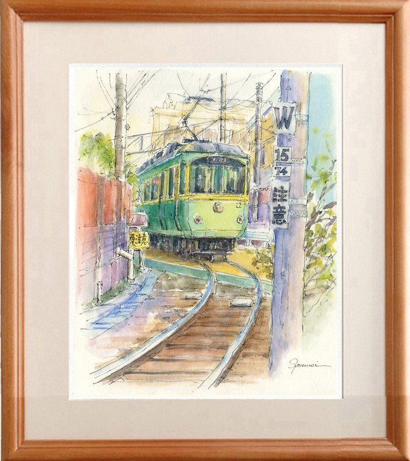 Original watercolor painting Enoden heading to Koshigoe - โปสเตอร์ - กระดาษ สีเขียว