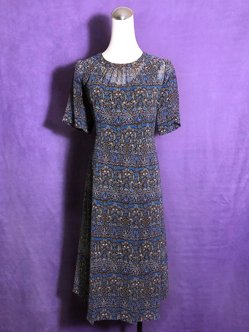 Blue totem short-sleeved vintage dress / brought back to VINTAGE abroad - One Piece Dresses - Polyester 
