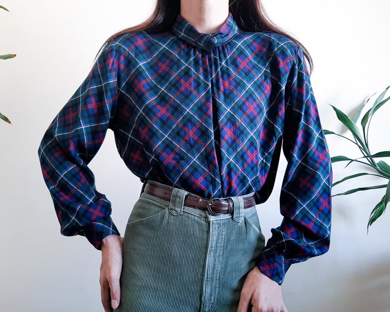 PENDLETON 復古格紋小高領襯衫長袖襯衫尺寸 12 L 碼 - 女上衣/長袖上衣 - 聚酯纖維 藍色
