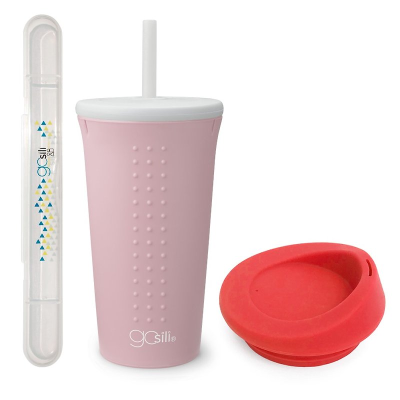 16oz環保杯(純淨粉)+咖啡杯蓋+吸管收納盒 - 杯/玻璃杯 - 矽膠 粉紅色