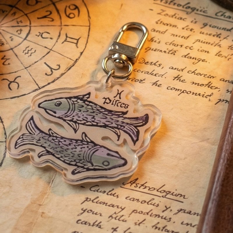 【雙魚座】手稿裡的星座- 壓克力吊飾 中世紀天文 復古 交換禮物 - 鑰匙圈/鑰匙包 - 塑膠 卡其色