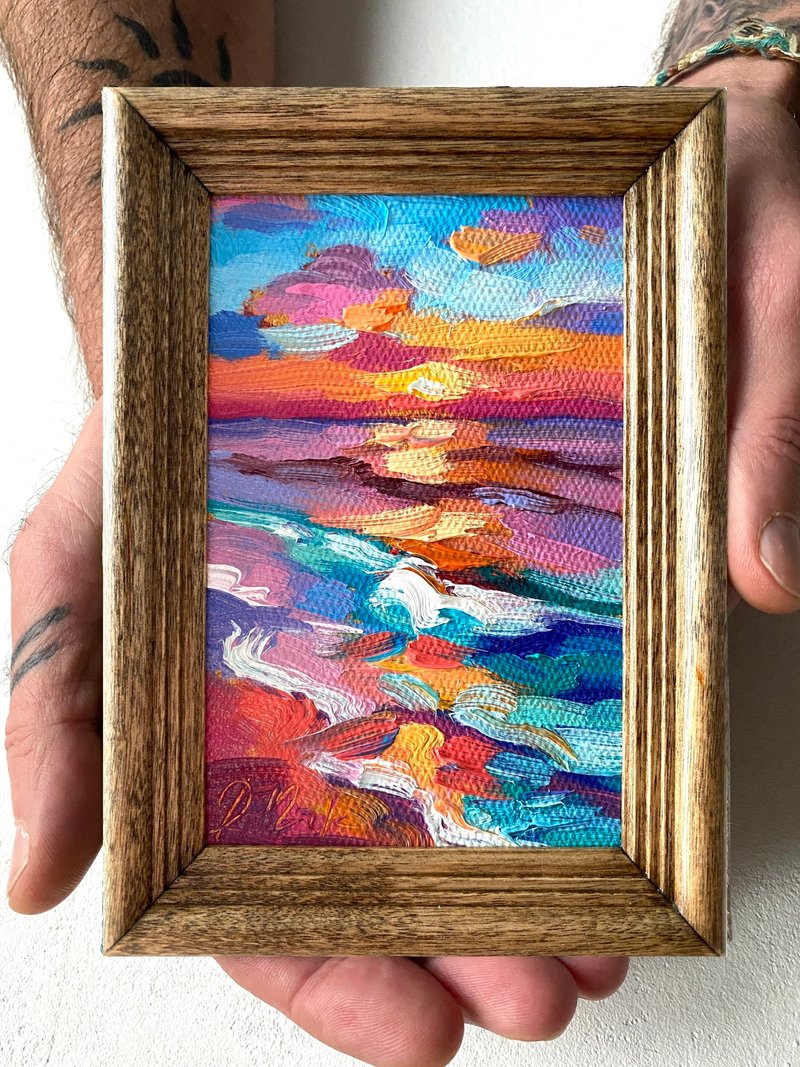 海景油畫原創海景畫厚塗小幅藝術品海洋海岸壁畫 - 壁貼/牆壁裝飾 - 木頭 