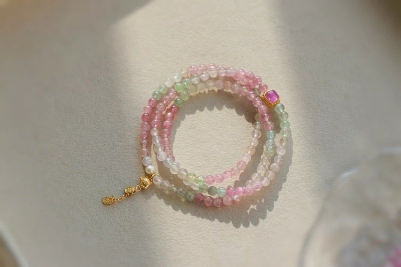 Original natural ice cream tourmaline 3-circle bracelet with ancient Silver lucky cat to bring wealth and prosperity to your career - สร้อยข้อมือ - คริสตัล 