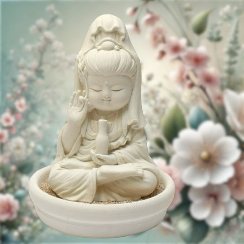淨念吉祥小佛之寳瓶觀音二   小盤改為蓮花座, 配五行水晶 - 香氛/精油/擴香 - 其他材質 白色