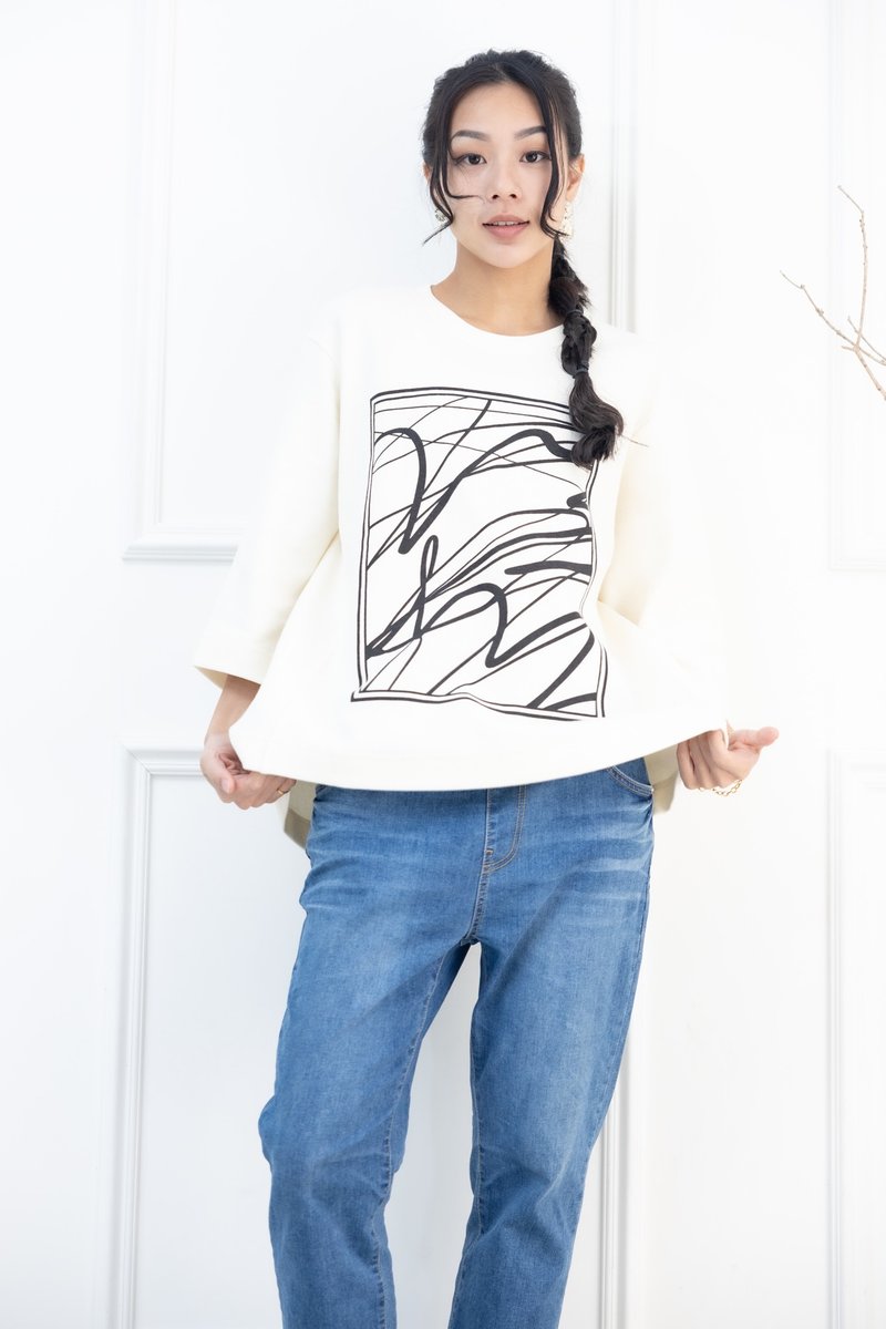 方框藝術線條厚磅上衣 米色 - 女上衣/長袖上衣 - 其他材質 白色
