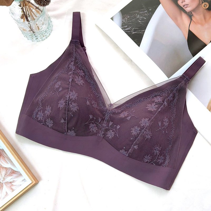 Pink Lady Wireless BC Cup Lace Garden Slightly Thick Cup Seamless Side Back Concentrated Bra - ชุดชั้นในผู้หญิง - ไนลอน สีม่วง