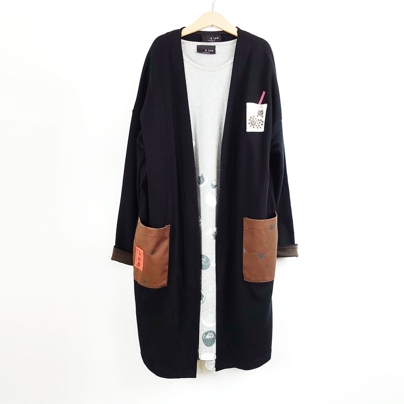 Urb / brown sugar pearl milk tea / cotton long coat - เสื้อแจ็คเก็ต - ผ้าฝ้าย/ผ้าลินิน สีดำ