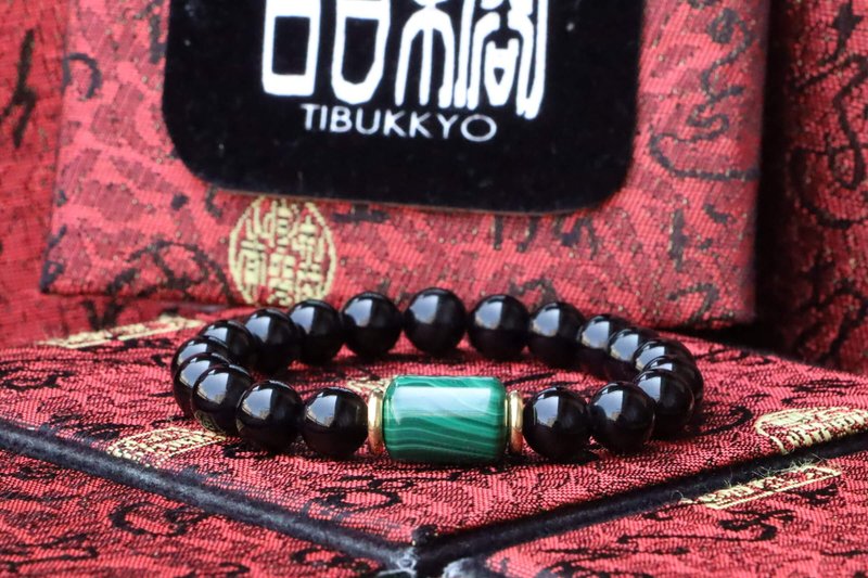 天然黑曜石手珠 8mm 孔雀石隔珠 客製化串珠設計 手鍊 佛珠 礦石 - 手鍊/手環 - 玉石 