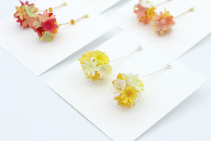 Pamycarie spring and summer resin clay flower ball 925 sterling silver earrings - ต่างหู - ดินเหนียว สีเหลือง