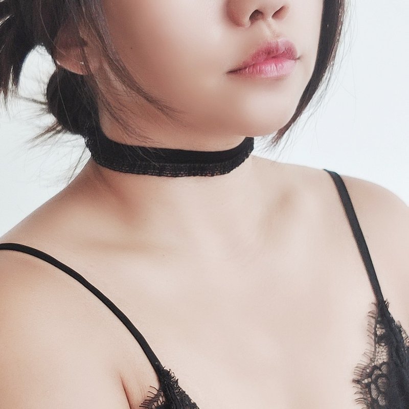 黑色 彈力小波浪蕾絲choker 純銀/合金 - 頸鏈 - 棉．麻 黑色