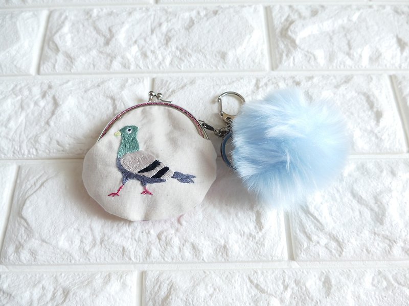 Embroidery mini gouge duck pigeon Pink gold with pompon - Coin Purses - Cotton & Hemp White