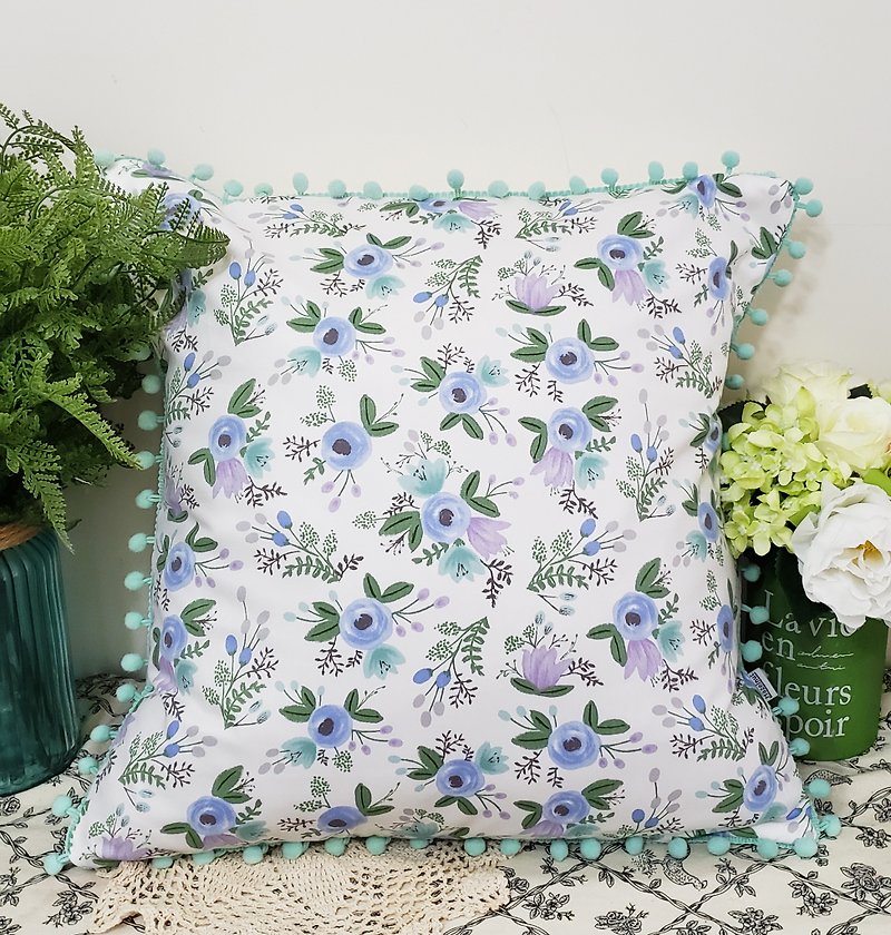 Nordic pastoral style purple green blue flower lake water green wool ball side pattern pillow pillow cushion pillow cover - หมอน - ผ้าฝ้าย/ผ้าลินิน 