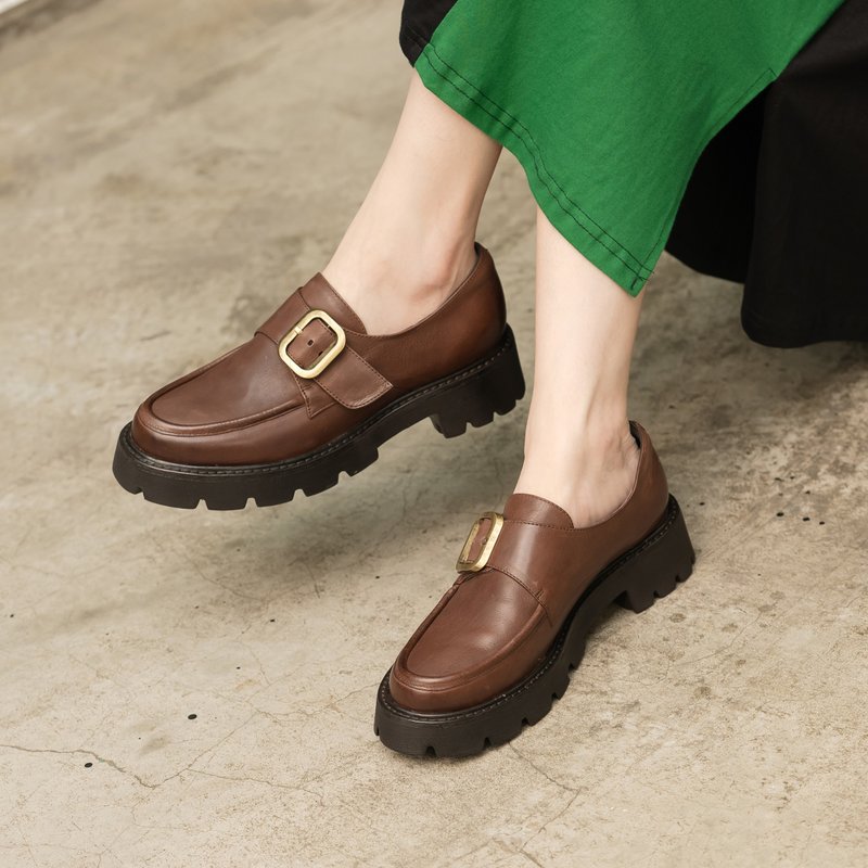 Retro buckle-thick-soled mules-brown - รองเท้าอ็อกฟอร์ดผู้หญิง - หนังแท้ สีนำ้ตาล