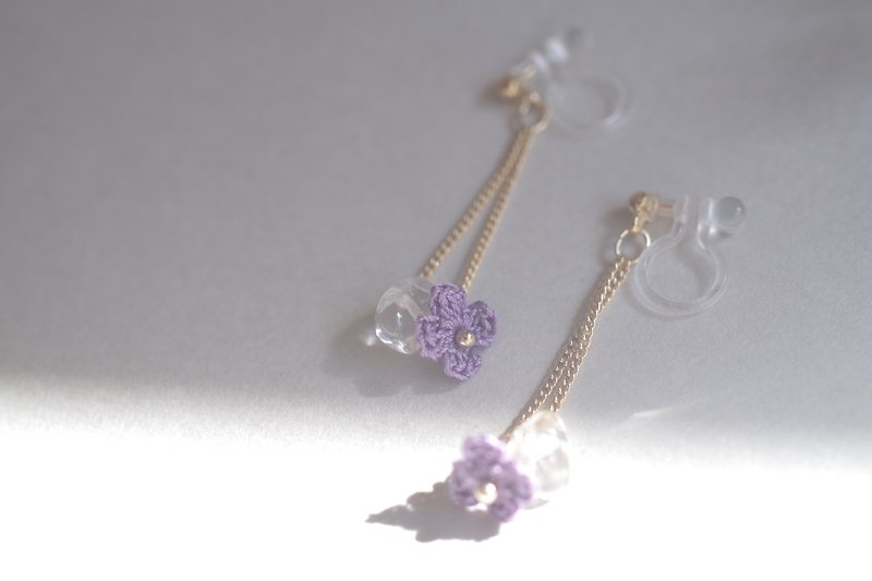 August A hydrangea and crystal Clip-On or earrings purple - Earrings & Clip-ons - Cotton & Hemp Purple