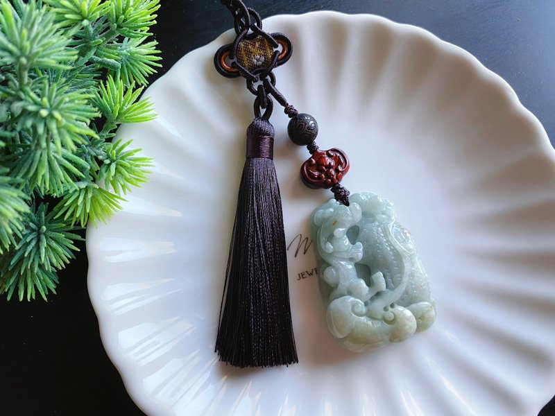 天然緬甸玉 翡翠 螭龍 花生 人生如意 長壽 發財 包掛 禮物 - 手機掛繩/背帶 - 玉石 綠色