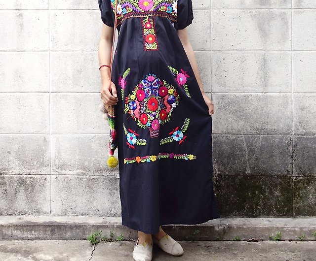 ビンテージ 70s コットン 花柄 刺繍 メキシカン ワンピース ドレス