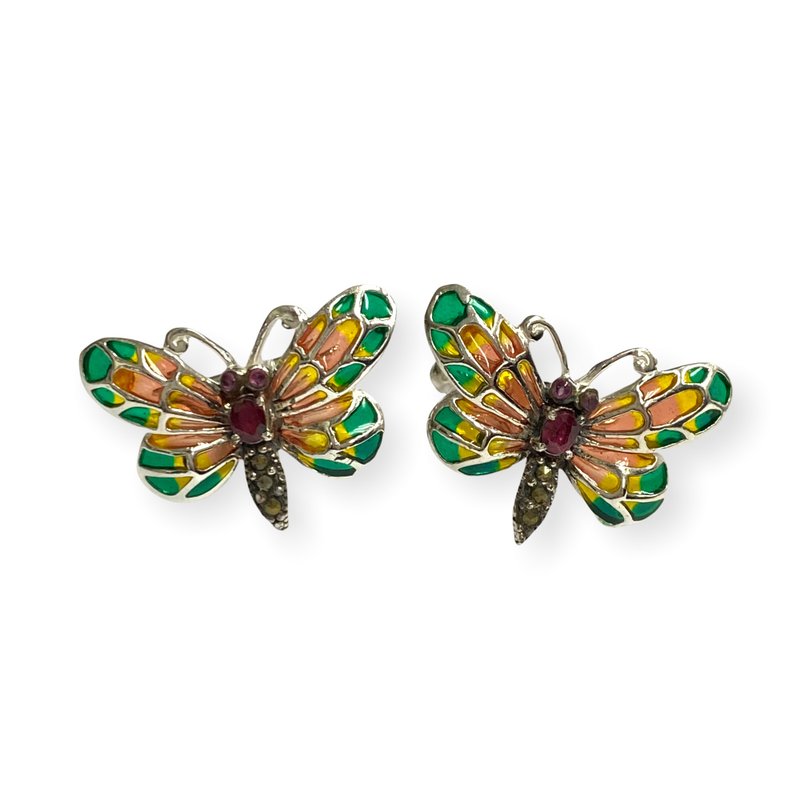 Art Nouveau Plique A Jour Butterfly with Ruby Cufflinks 925 Sterling Silver - 袖扣 - 純銀 