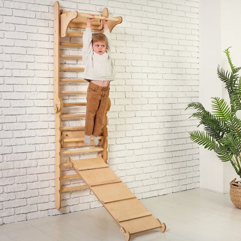 3in1 Set Wooden Swedish Wall / Climbing Ladder + Swing Set + Slide Board - Kids' Furniture - Wood Brown