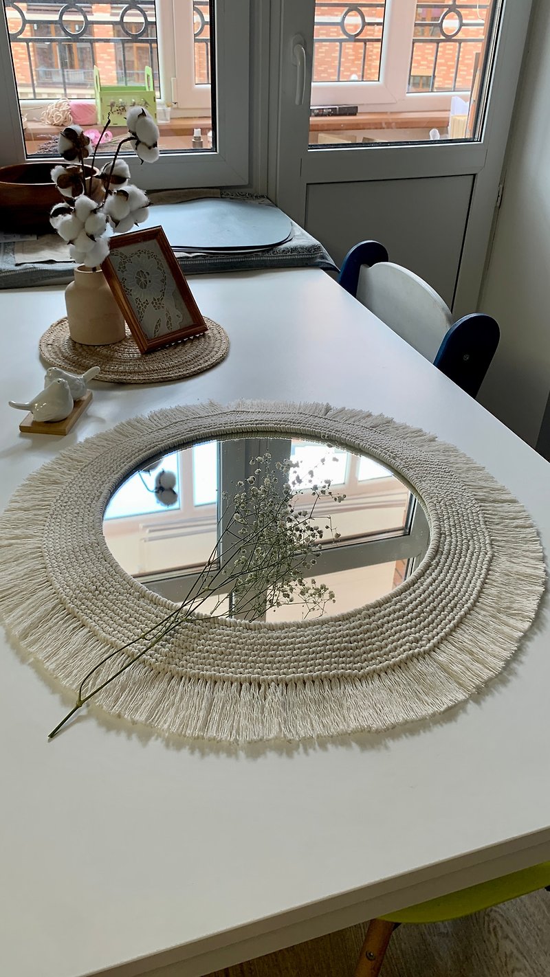 Crochet Nordic style round macramé mirror - Wall Décor - Cotton & Hemp White