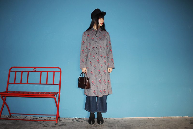 F3120 [Vintage dress] (Italian) gray texture woolen half-breasted small red flowers ancient dress - One Piece Dresses - Wool Gray