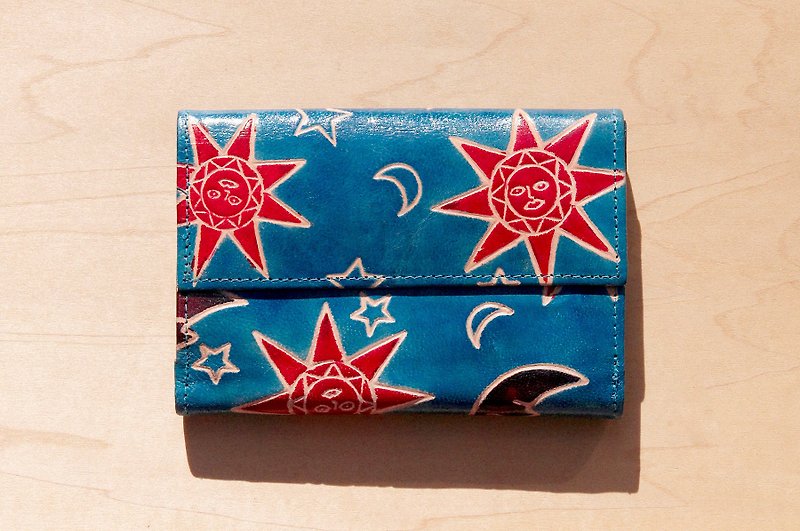 情人節禮物 限量一件 手工山羊皮夾 / 手繪風格皮革錢包 / 短皮夾 - 魔幻星空 太陽與月亮 ( 藍色 ) - 銀包 - 真皮 多色