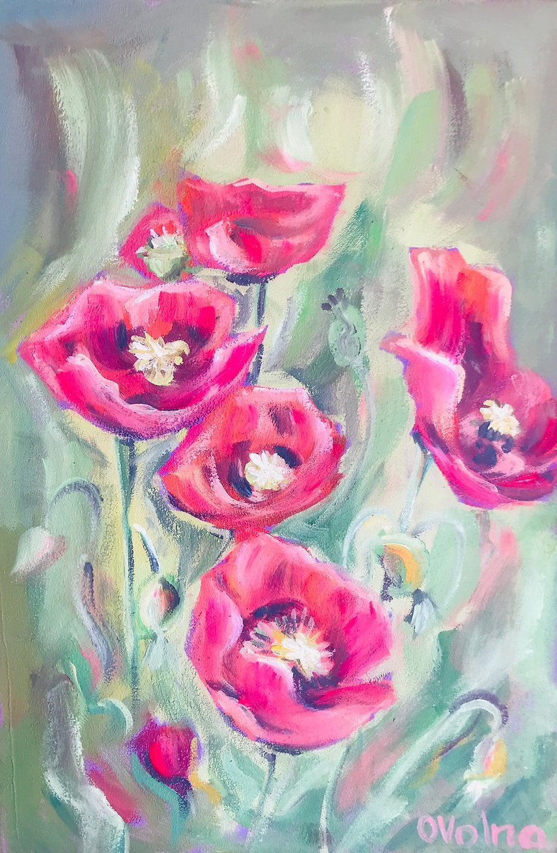 Blossoming Flower, Red Poppies Painting, Original wall Art, gift, Handmade - Wall Décor - Essential Oils Green